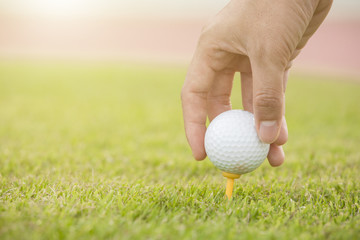 Hand hold golf ball with tee on course, close-up