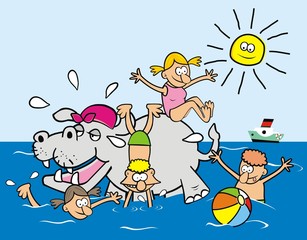 Obraz na płótnie Canvas hippo and kids at sea, funny vector illustration