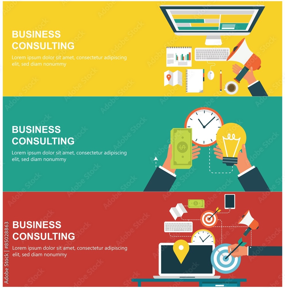 Poster concepts for web banners and promotions. flat design concepts for business consulting