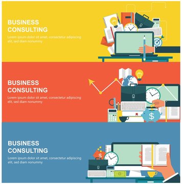 Concepts for web banners and promotions. Flat design concepts for business consulting