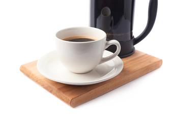 French press pot and cup of coffee