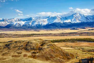 Altai mountains in Kurai area with North Chuisky Ridge on backgr