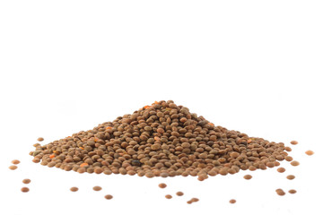 Heap of brown lentils Isolated on White