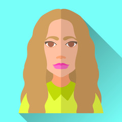 Fashionable young woman with long hair, flat icon with shadow