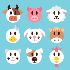 Farm animals faces icons set