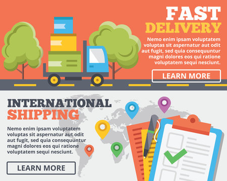 Fast delivery and international shipping flat illustration concepts set