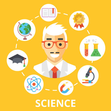 Science concept illustration. Scientist character and trendy flat icons set