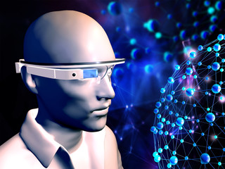 3D rendering of man with  wearable computer technology with an optical head-mounted display, original design glasses