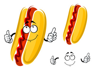 Cartoon hot dog character with ketchup