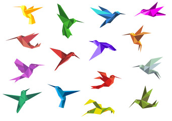 Flying origami hummingbirds or colibri birds