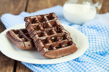 Homemade chocolate waffles with cocoa  from whole wheat flour