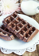 Homemade chocolate waffles with cocoa  from whole wheat flour