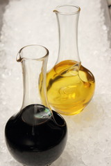  oil in clear glass serving vessels.