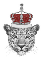 Original drawing of Leopard with crown. Isolated on white background