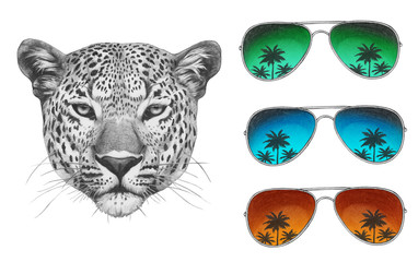Original drawing of Leopard with mirror sunglasses. Isolated on white background