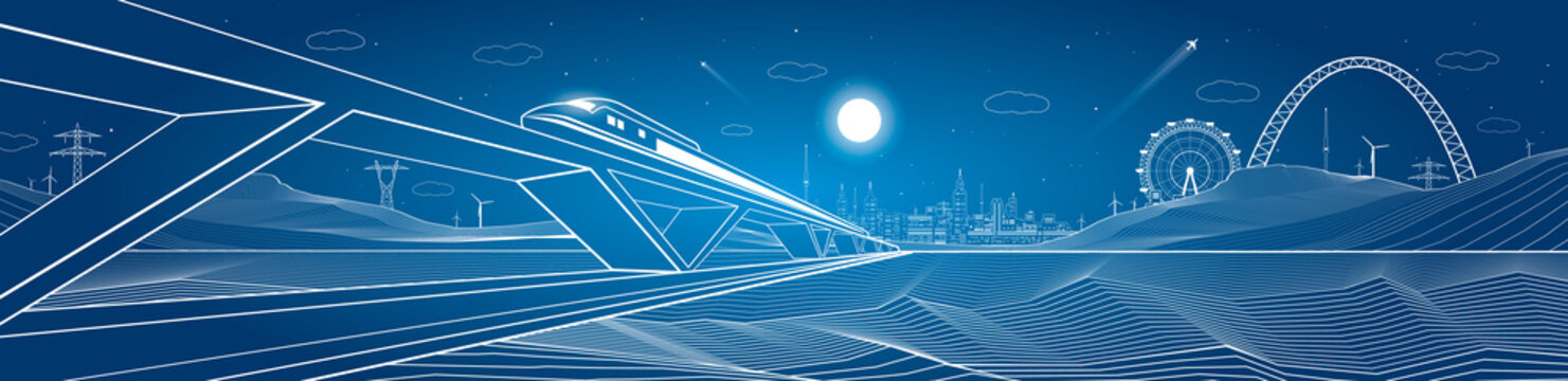 Train move, dynamic composition, mountains and night city 