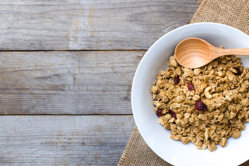 cornflakes on wooden table at morning