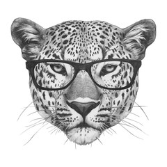 Original drawing of Leopard with mirror sunglasses. Isolated on white background