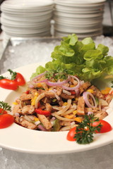  Vegetable salad with strips of roast beef.