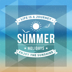 Retro summer vintage label on colorful background. Tropical paradise, beach vacation, adventure and travel