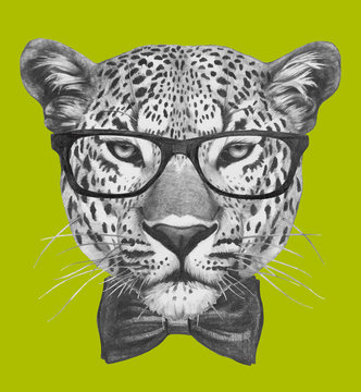 Hand drawn portrait of Leopard with glasses and bow tie. Vector isolated elements.