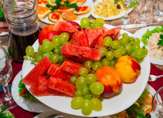 watermelon, peach, grapes