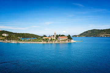 Fototapeta na wymiar Prirovo Peninsula with Franciscan monastery,Vis Bay, Croatia 