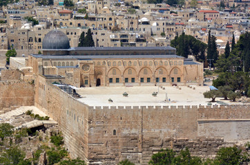Aerial view of Al Aqsa mosque on temple mount in Jerusalem, Isra