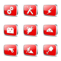 Construction Tools Square Vector Red Icon Design Set