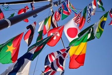 Various national flags against sky