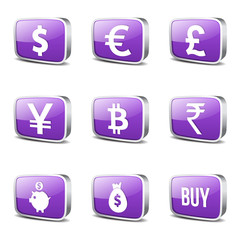 Currency Sign Square Vector Violet Icon Design Set