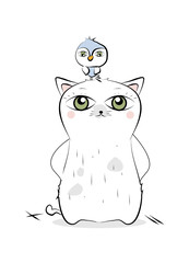 Weiße Katze mit blauen Vogel