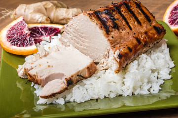 Tuna steak cooked and served sliced