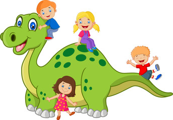artoon little kid playing on the dinosaur