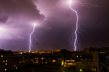 Lightning storm over city.
