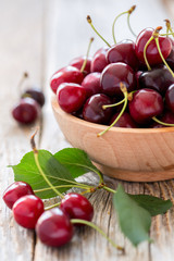 Bowl with ripe red cherries.