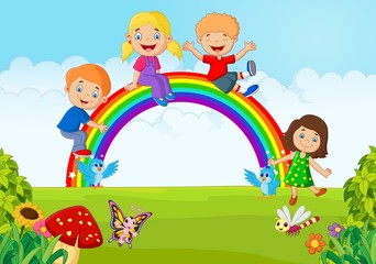 Cartoon Happy kids sitting on rainbow on the forest