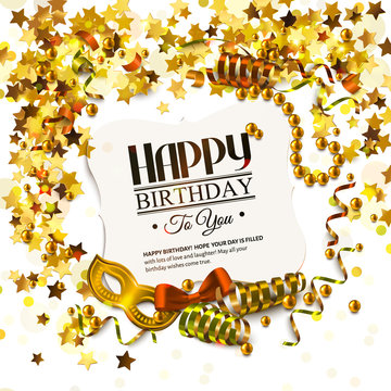 Birthday card with golden stars, colorful curling ribbons