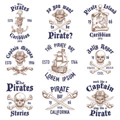 Set of vintage hand drawn pirates designed emblems, labels