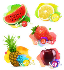 Fruit and berries watercolor, vector illustration set