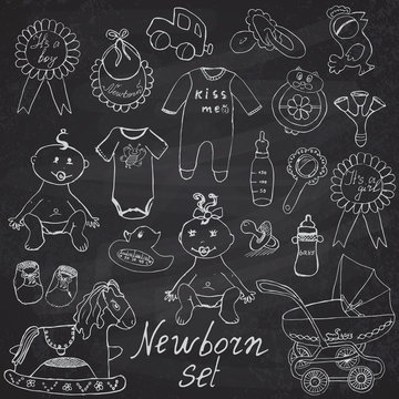 Baby icons, toys, clothes and cradle, hand drawn sketch vector illustration on chalkboard