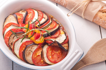 Ratatouille in a dish , casserole.