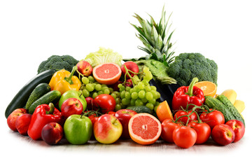 Naklejka na ściany i meble Variety of organic vegetables and fruits isolated on white
