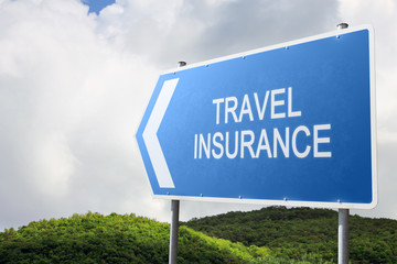 Obraz premium Travel Insurance. Blue traffic sign.