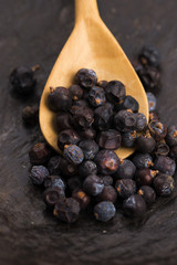 Juniper berries on a wooden background