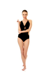 Happy young woman in swimsuit.