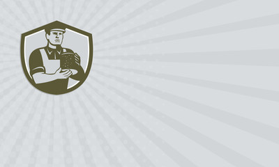 Business card Cheesemaker Holding Cheese Shield Retro