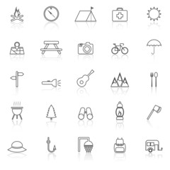 Camping line icons with reflect on white