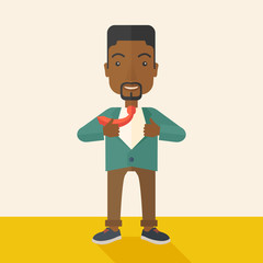 Happy Working african man to change his clothes.