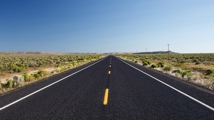 A long straight paved road in the desert with short vegetation in the surrounding landscape.